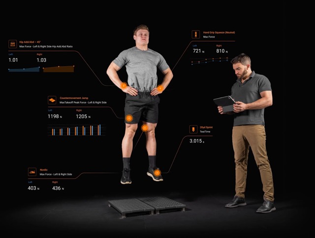 Athlete on VALD ForceDecks dual force plates with bilateral force, jump and sprint metrics overlaid